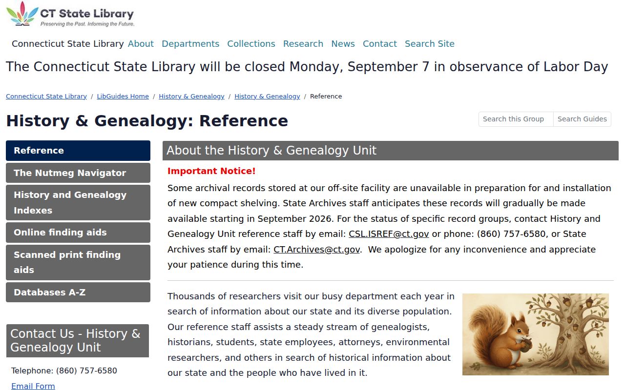 Connecticut State Library history and genealogy research page