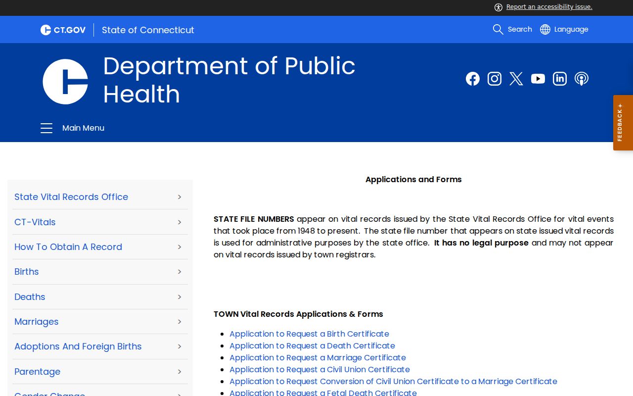 Connecticut vital record applications for Wethersfield event requests