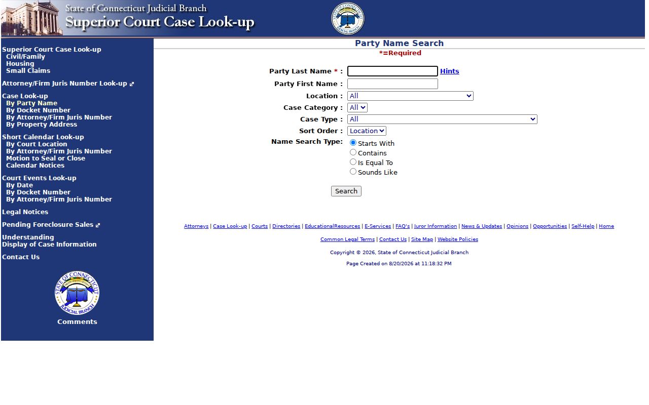 Connecticut Judicial Branch civil party search fields used for Wethersfield names