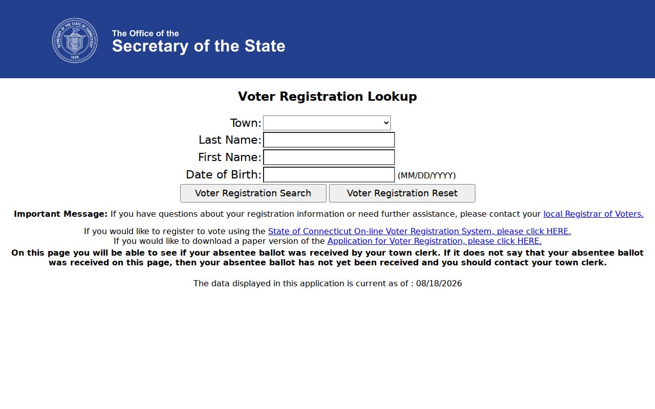 Official Connecticut voter lookup entry point for Wethersfield registration