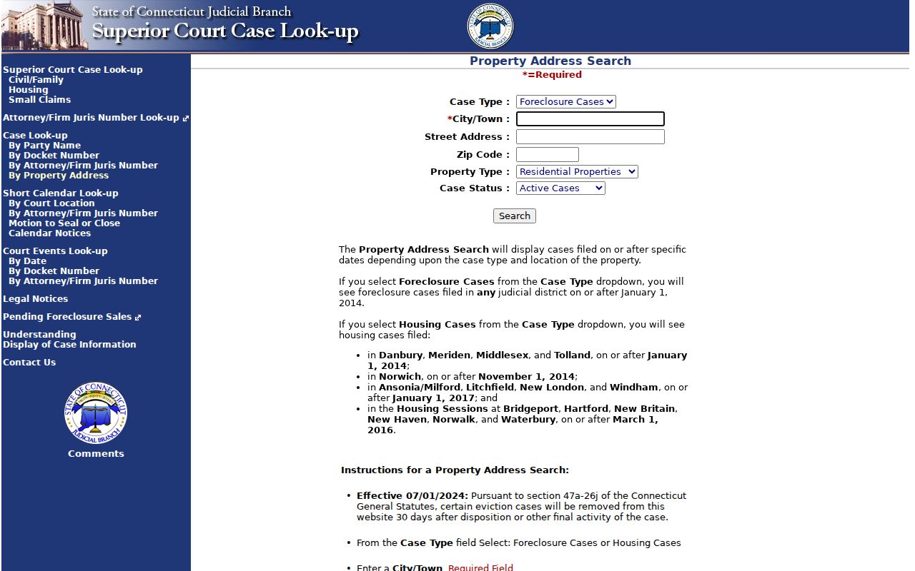 Connecticut civil property address search with Wethersfield and ZIP fields