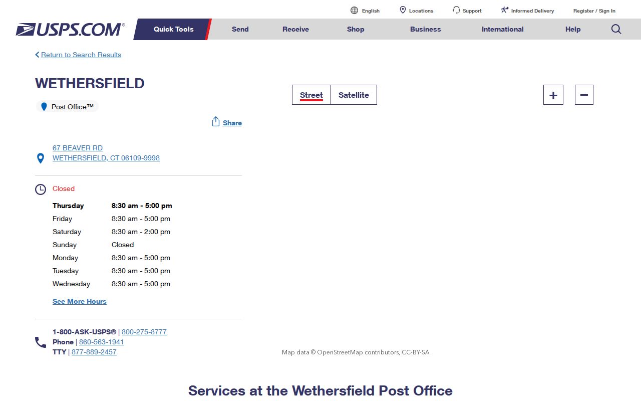 USPS Wethersfield Post Office page documenting ZIP code 06109