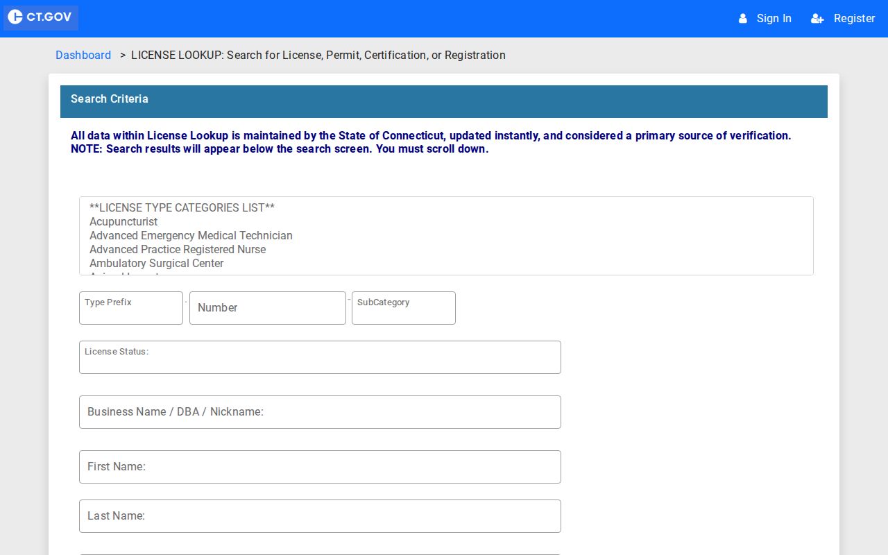 Connecticut eLicense search showing address and ZIP filters for Wethersfield credentials